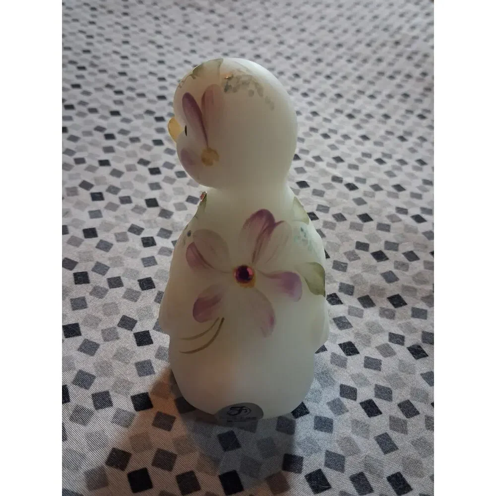 Fenton Glass Duck Duckling Hand Painted Artist Signed Floral with Gems
